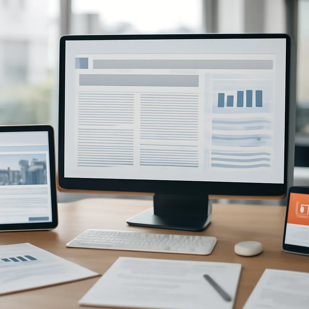 Call-to-action image for Home featuring modern digital newsroom desk with headline layouts, charts, mobile alerts, and editorial notes