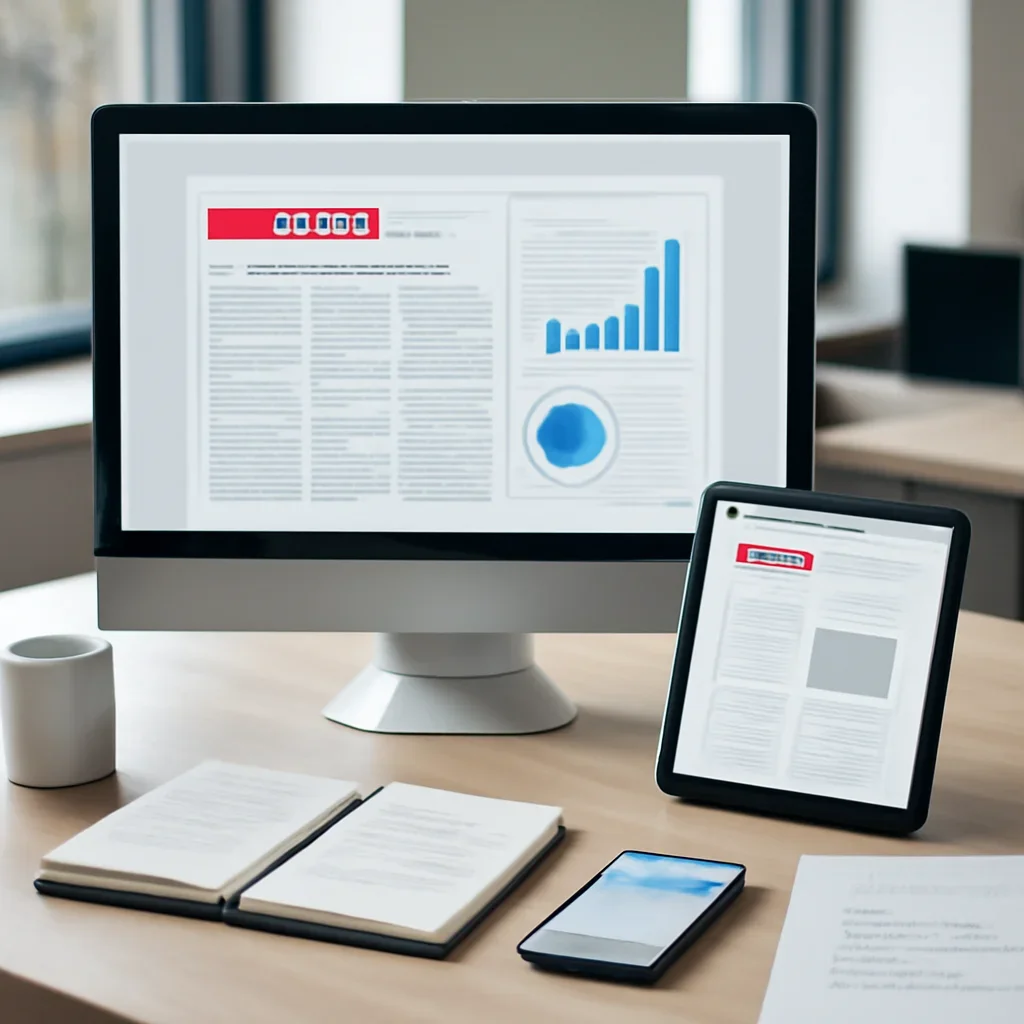 Supporting editorial image for Home showing modern digital newsroom desk with headline layouts, charts, mobile alerts, and editorial notes