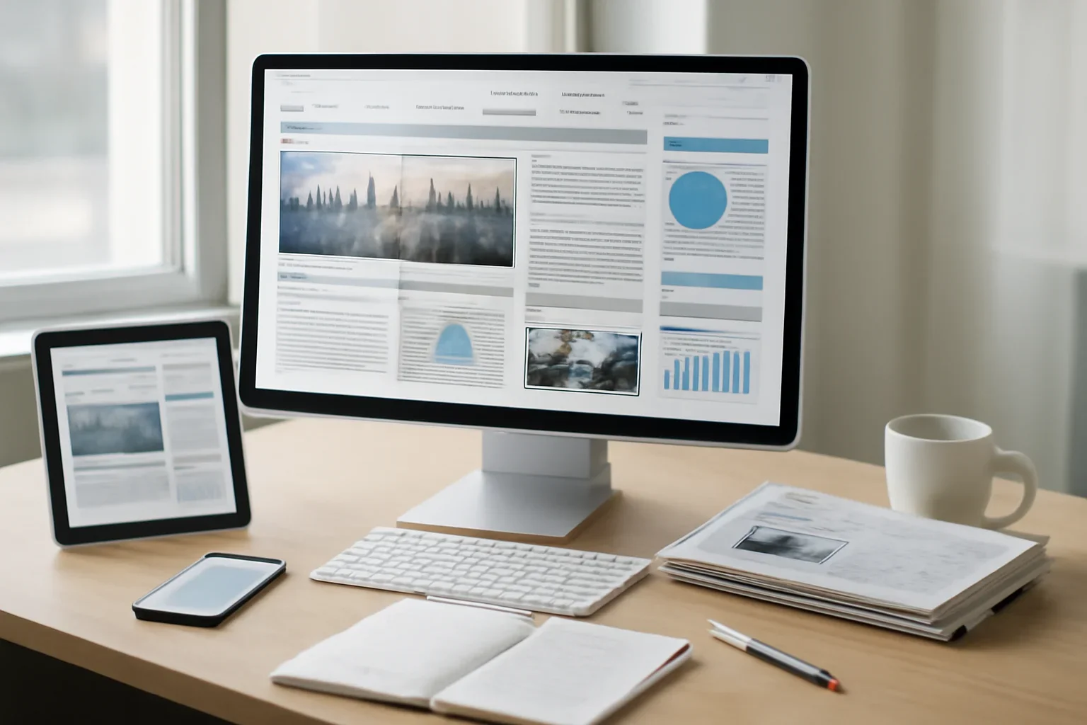 Home hero image showing modern digital newsroom desk with headline layouts, charts, mobile alerts, and editorial notes