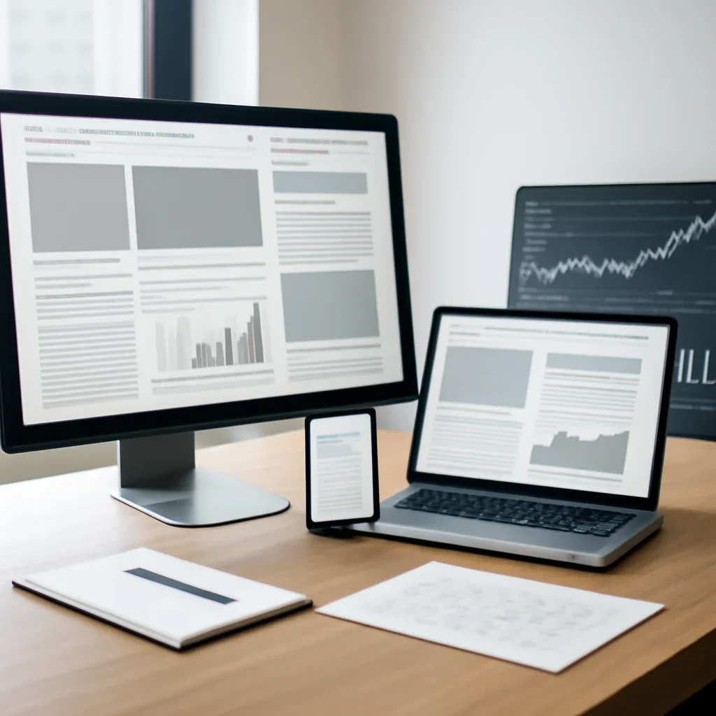 Context image for Home featuring modern digital newsroom desk with headline layouts, charts, mobile alerts, and editorial notes