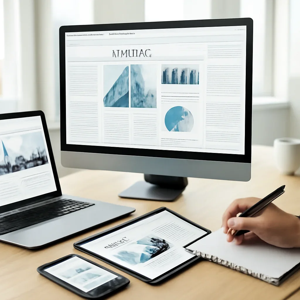 Supporting editorial image for Home showing modern digital newsroom desk with headline layouts, charts, mobile alerts, and editorial notes