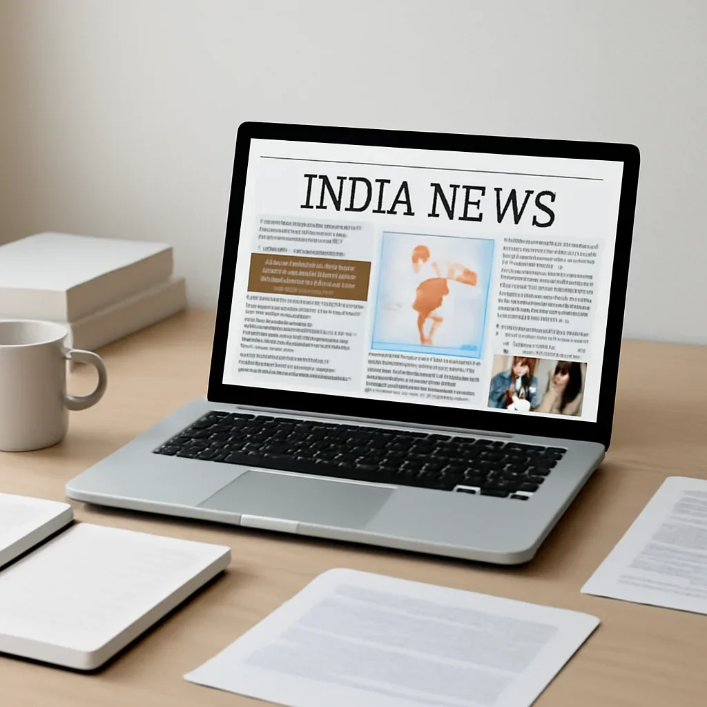 Context image for India News featuring editorial workspace focused on national developments, state-level policy, business moves, and the stories shaping India’s public conversation, with laptops, notes, and clean magazine-style composition
