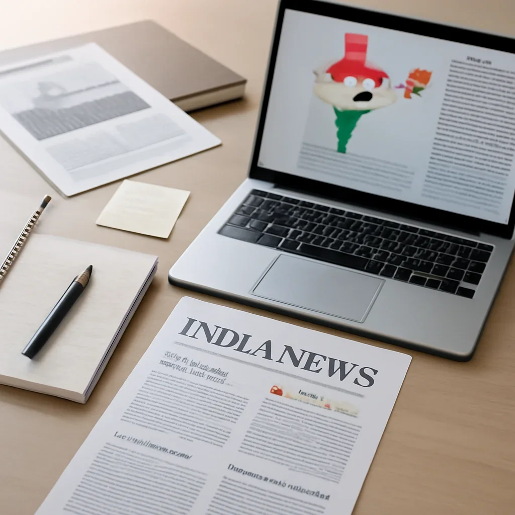Supporting editorial image for India News showing editorial workspace focused on national developments, state-level policy, business moves, and the stories shaping India’s public conversation, with laptops, notes, and clean magazine-style composition
