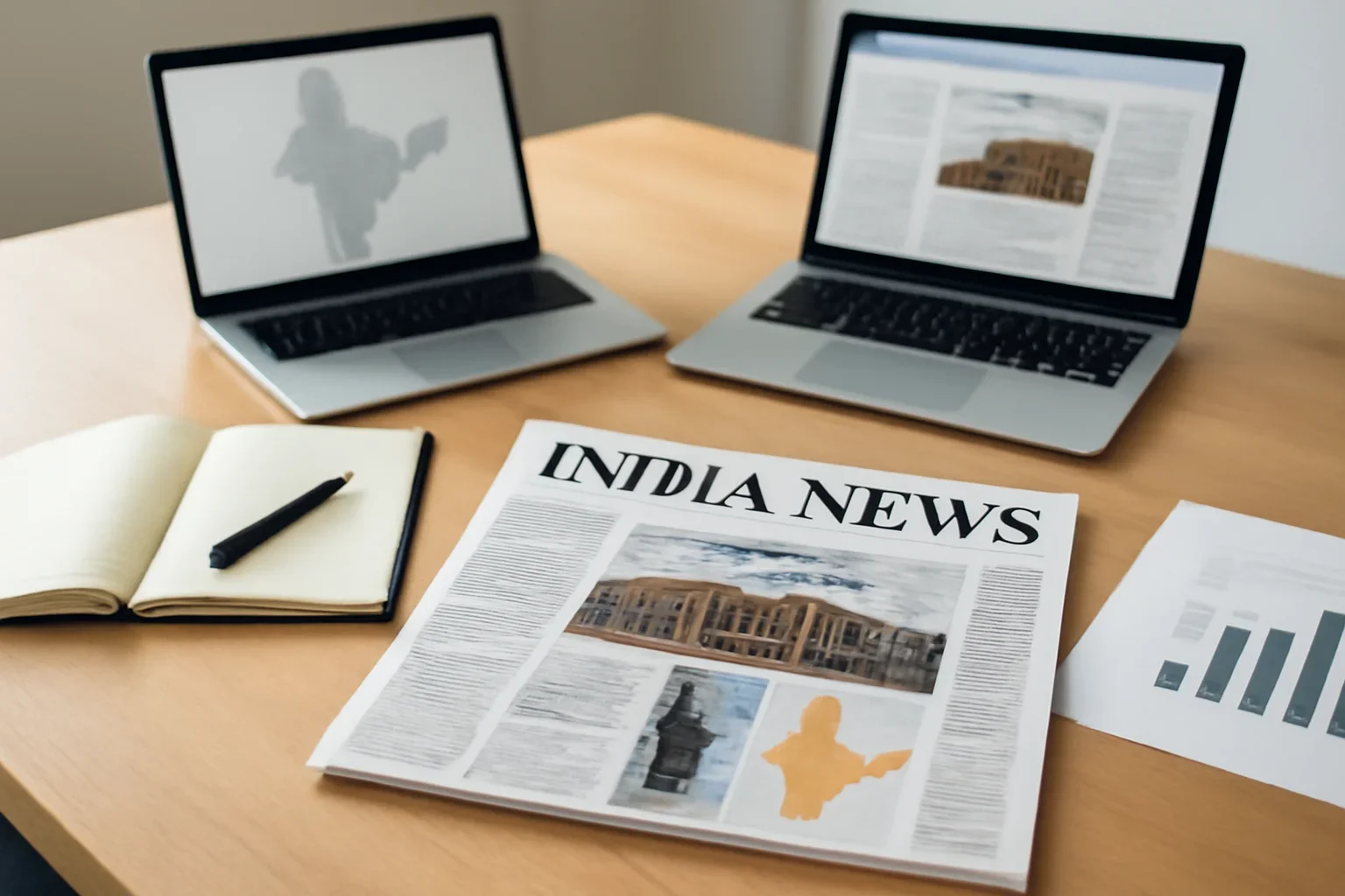 India News hero image showing editorial workspace focused on national developments, state-level policy, business moves, and the stories shaping India’s public conversation, with laptops, notes, and clean magazine-style composition