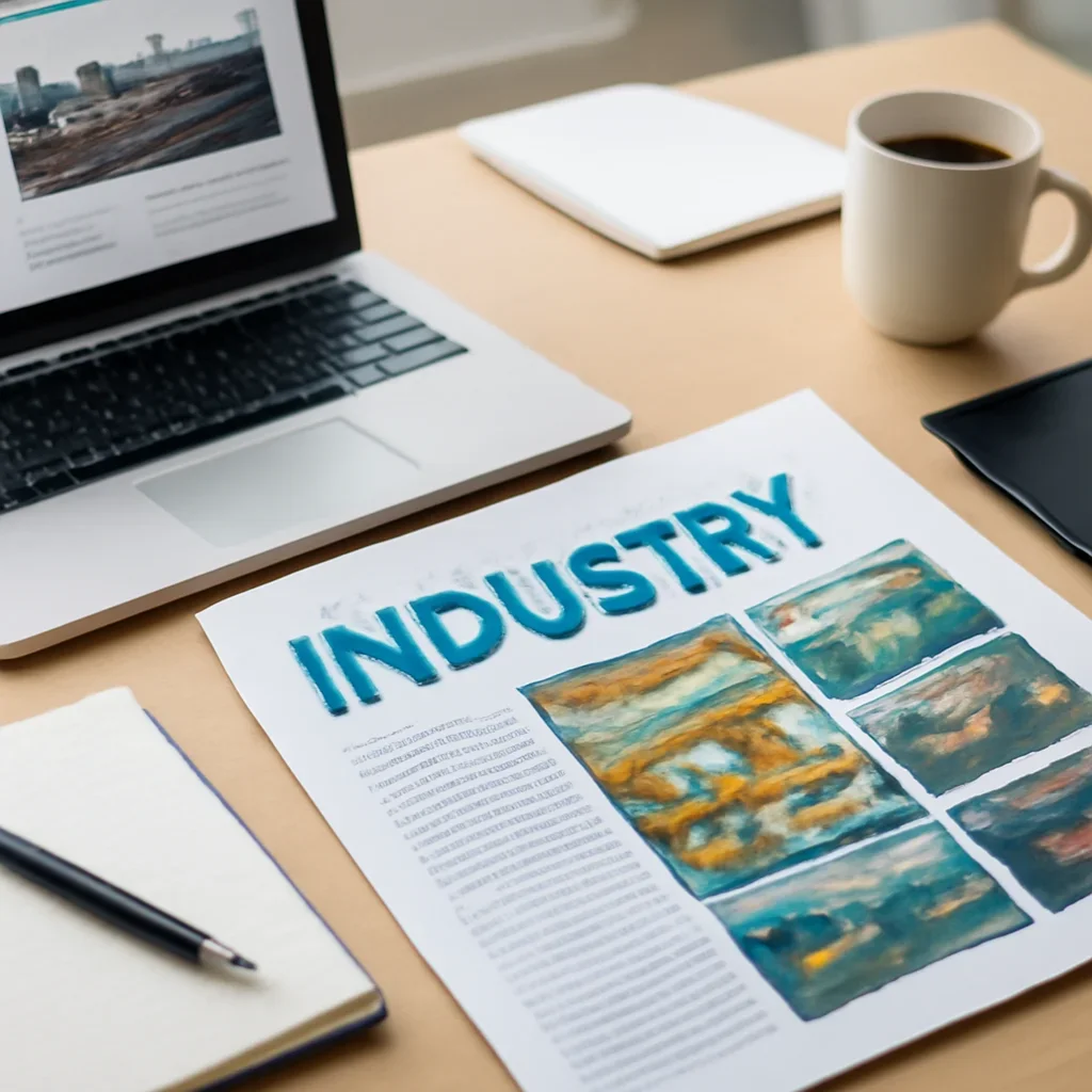 Call-to-action image for Industry featuring editorial workspace focused on manufacturing, supply chains, trade, infrastructure, and the sectors where operating detail matters, with laptops, notes, and clean magazine-style composition