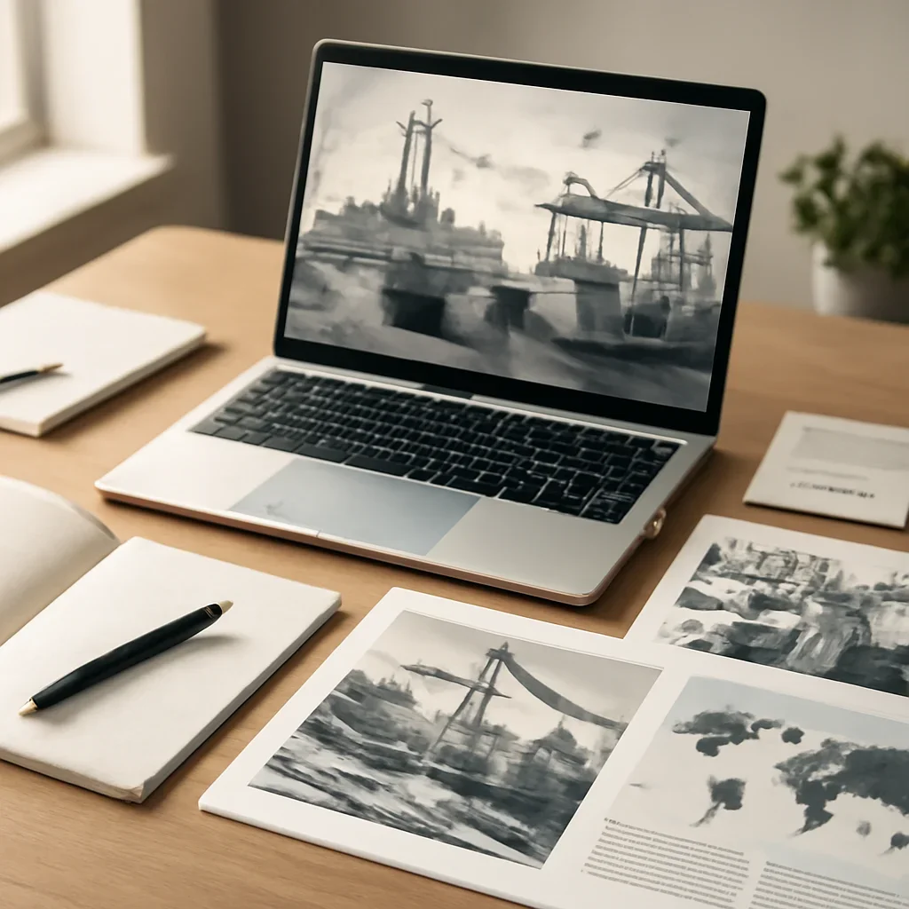 Supporting editorial image for Industry showing editorial workspace focused on manufacturing, supply chains, trade, infrastructure, and the sectors where operating detail matters, with laptops, notes, and clean magazine-style composition
