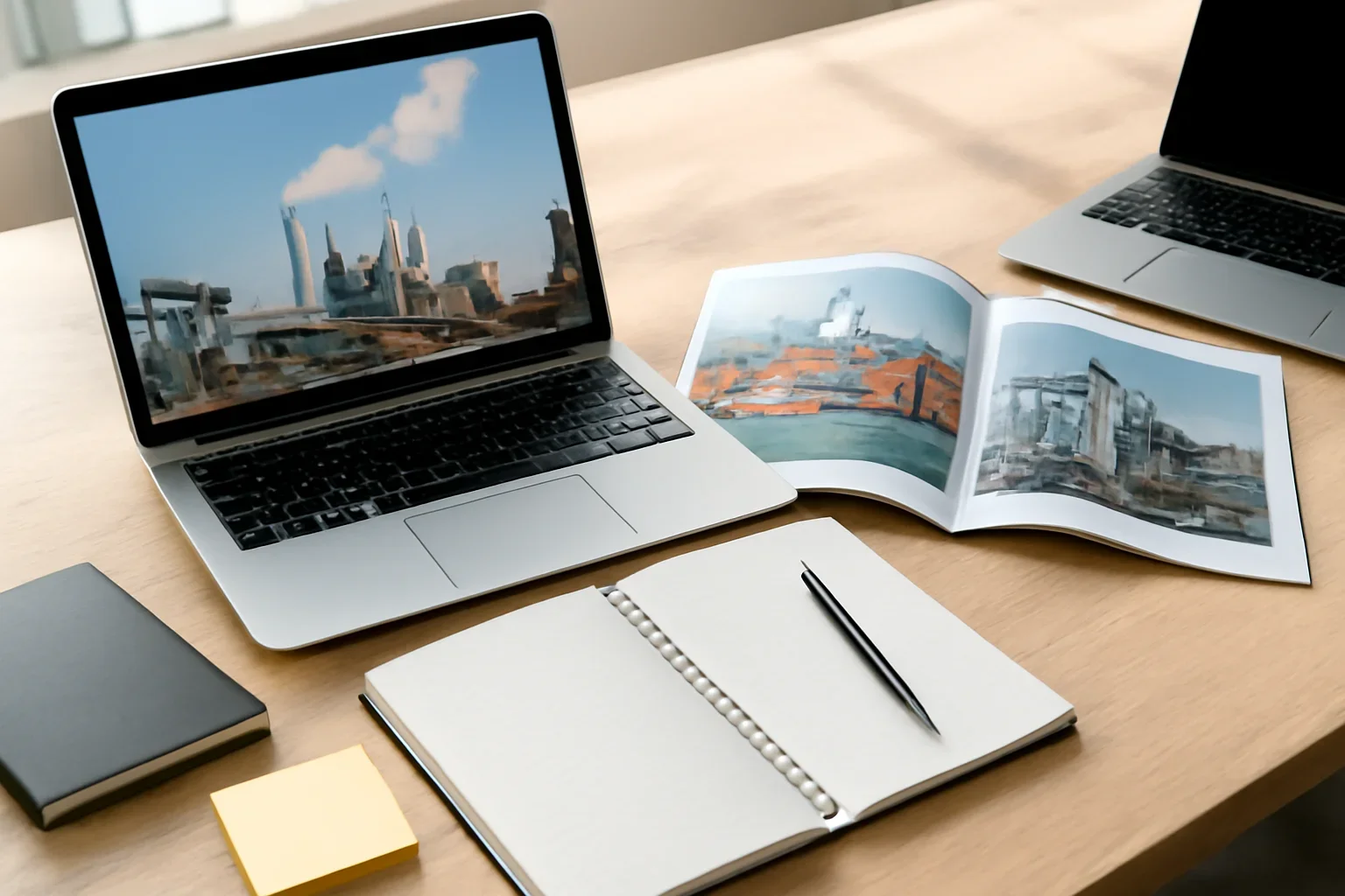 Industry hero image showing editorial workspace focused on manufacturing, supply chains, trade, infrastructure, and the sectors where operating detail matters, with laptops, notes, and clean magazine-style composition