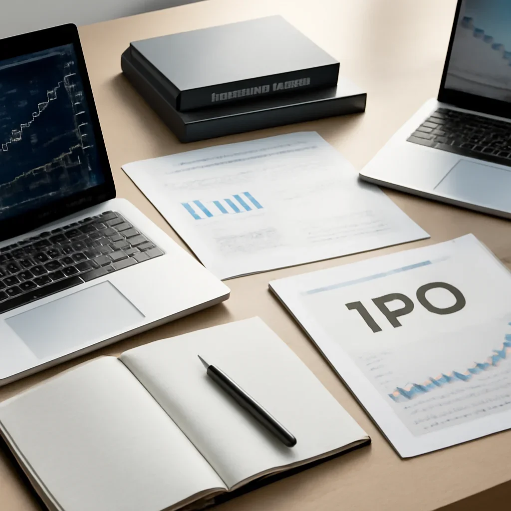 Supporting editorial image for IPO News showing editorial workspace focused on filings, anchor books, pricing signals, subscription trends, and what public-market debuts reveal, with laptops, notes, and clean magazine-style composition