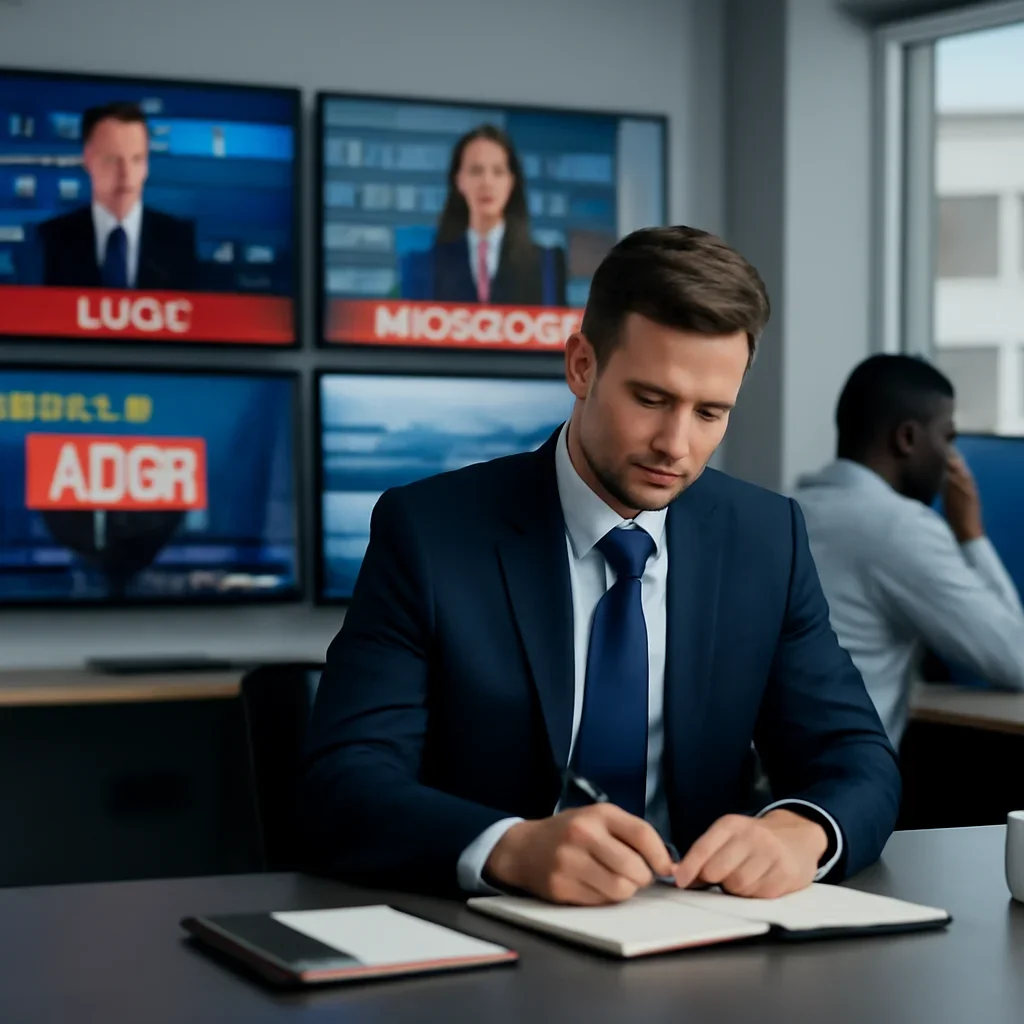 Call-to-action image for Latest News featuring news desk with live headline panels, alerts, notebooks, and a fast-moving editorial workflow