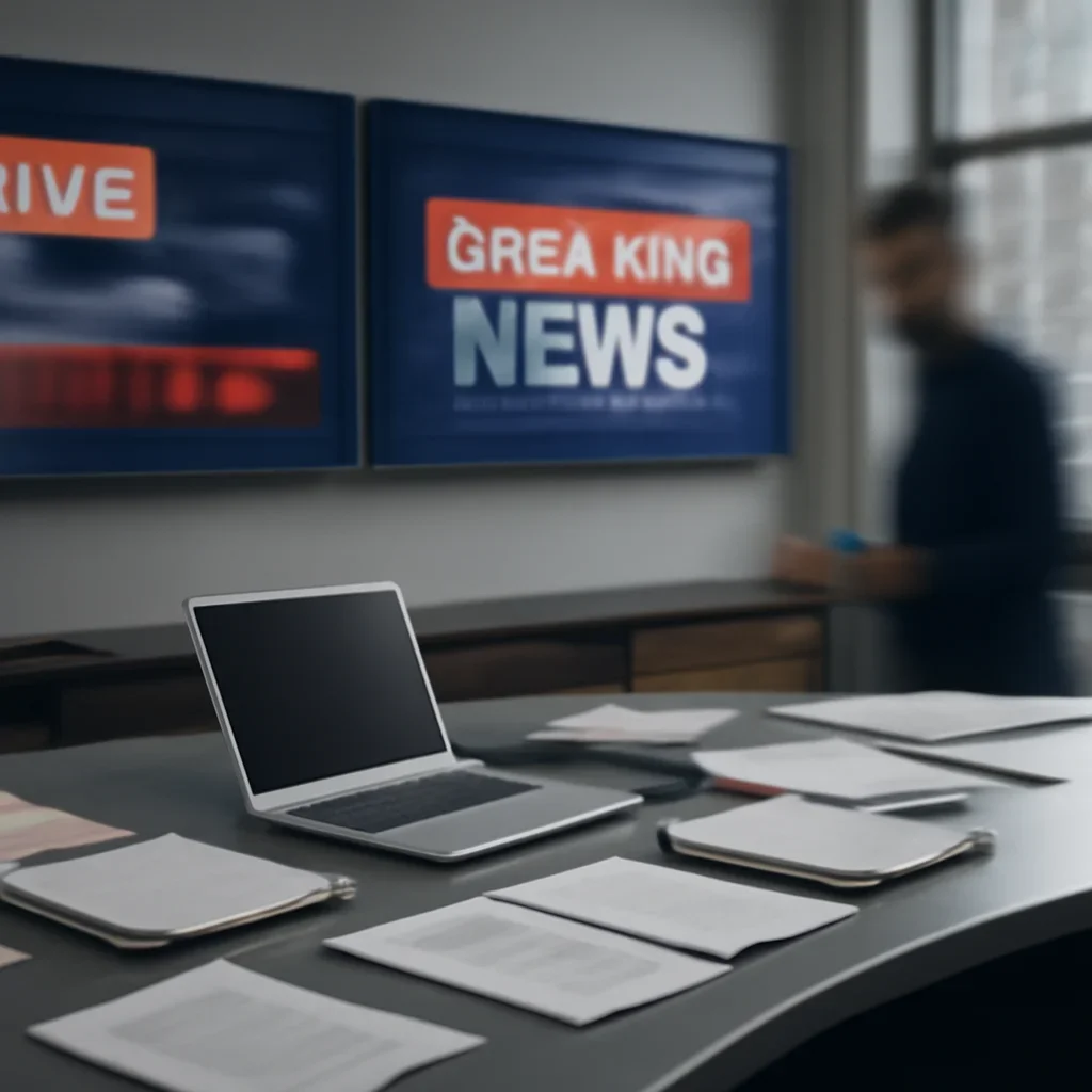 Context image for Latest News featuring news desk with live headline panels, alerts, notebooks, and a fast-moving editorial workflow