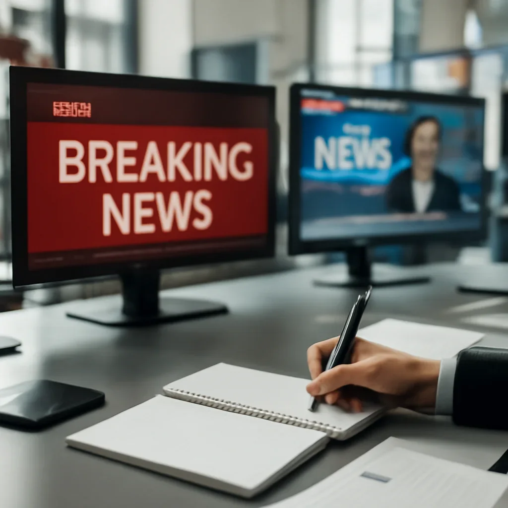 Supporting editorial image for Latest News showing news desk with live headline panels, alerts, notebooks, and a fast-moving editorial workflow