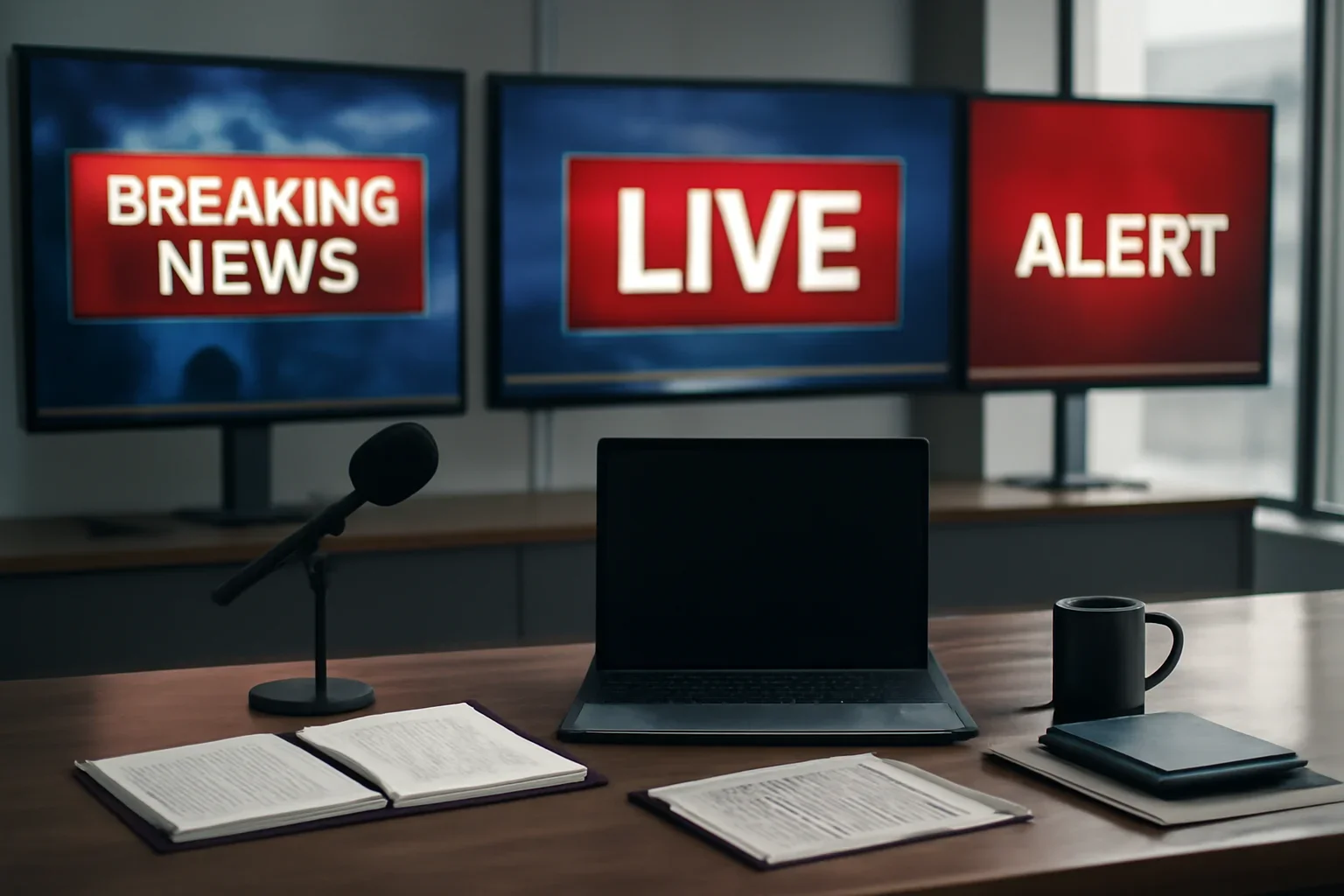 Latest News hero image showing news desk with live headline panels, alerts, notebooks, and a fast-moving editorial workflow