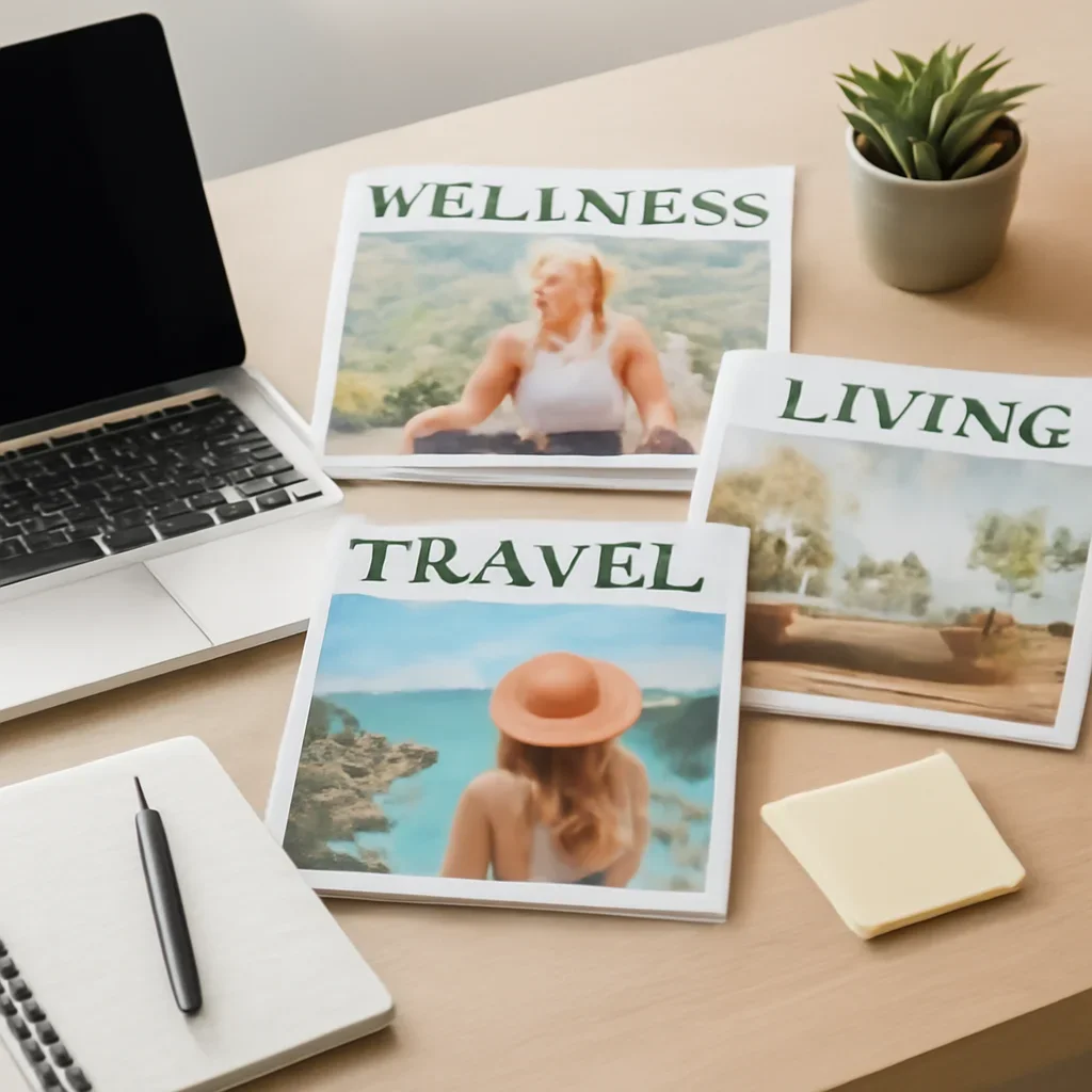 Supporting editorial image for Lifestyle showing editorial workspace focused on wellness, travel, culture, living, and everyday trends that shape routines, spending, and aspiration, with laptops, notes, and clean magazine-style composition