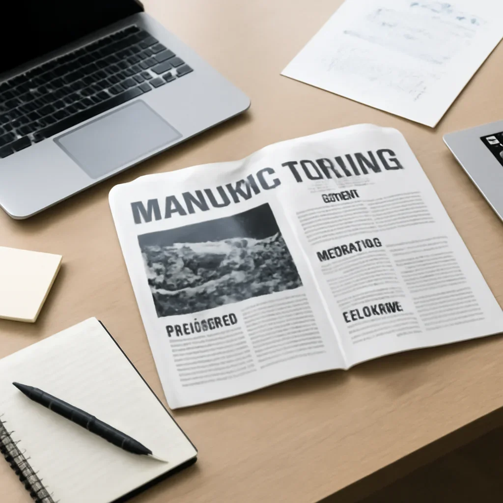 Call-to-action image for Manufacturing News featuring editorial workspace focused on production, capacity, industrial technology, exports, and the businesses turning plans into output, with laptops, notes, and clean magazine-style composition