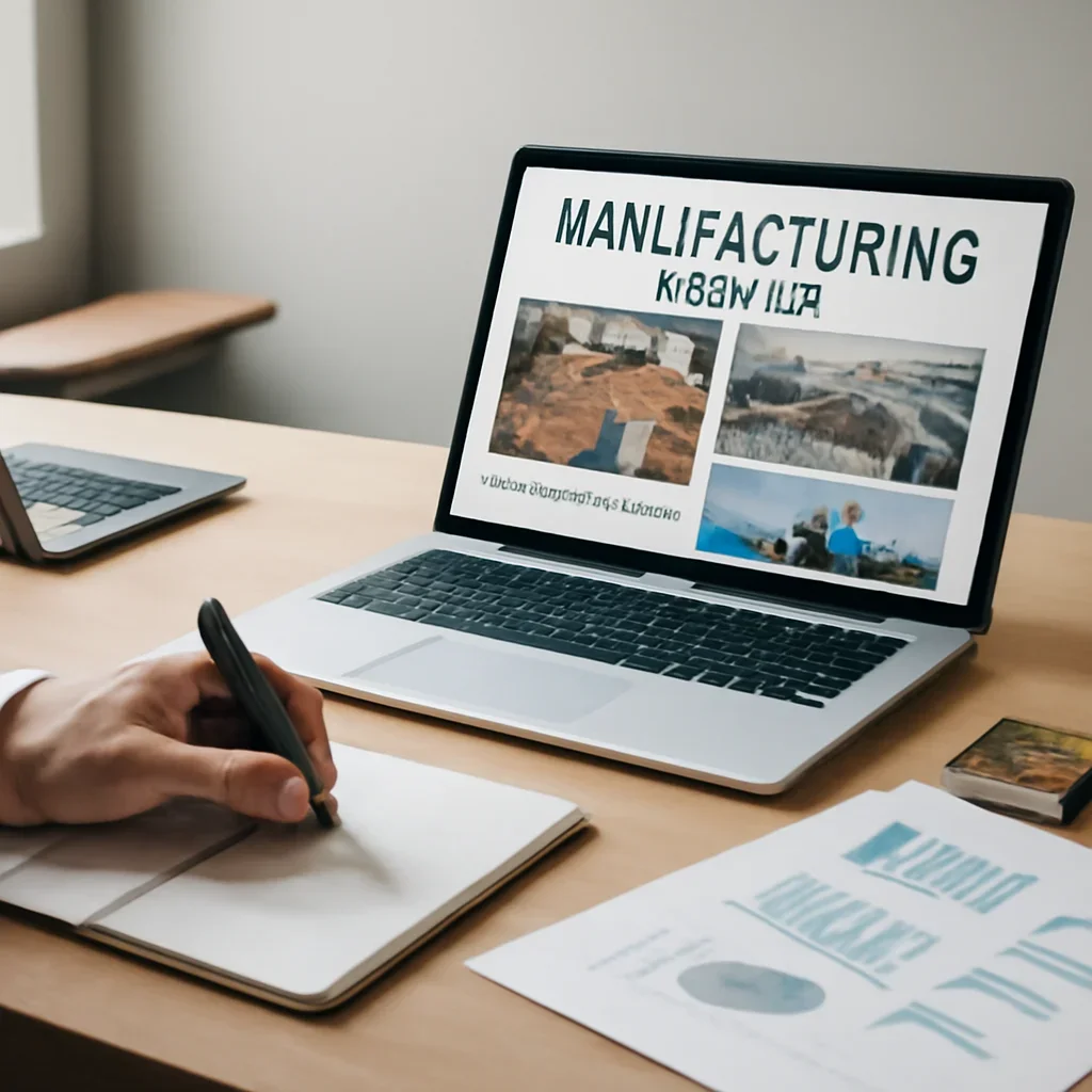 Context image for Manufacturing News featuring editorial workspace focused on production, capacity, industrial technology, exports, and the businesses turning plans into output, with laptops, notes, and clean magazine-style composition