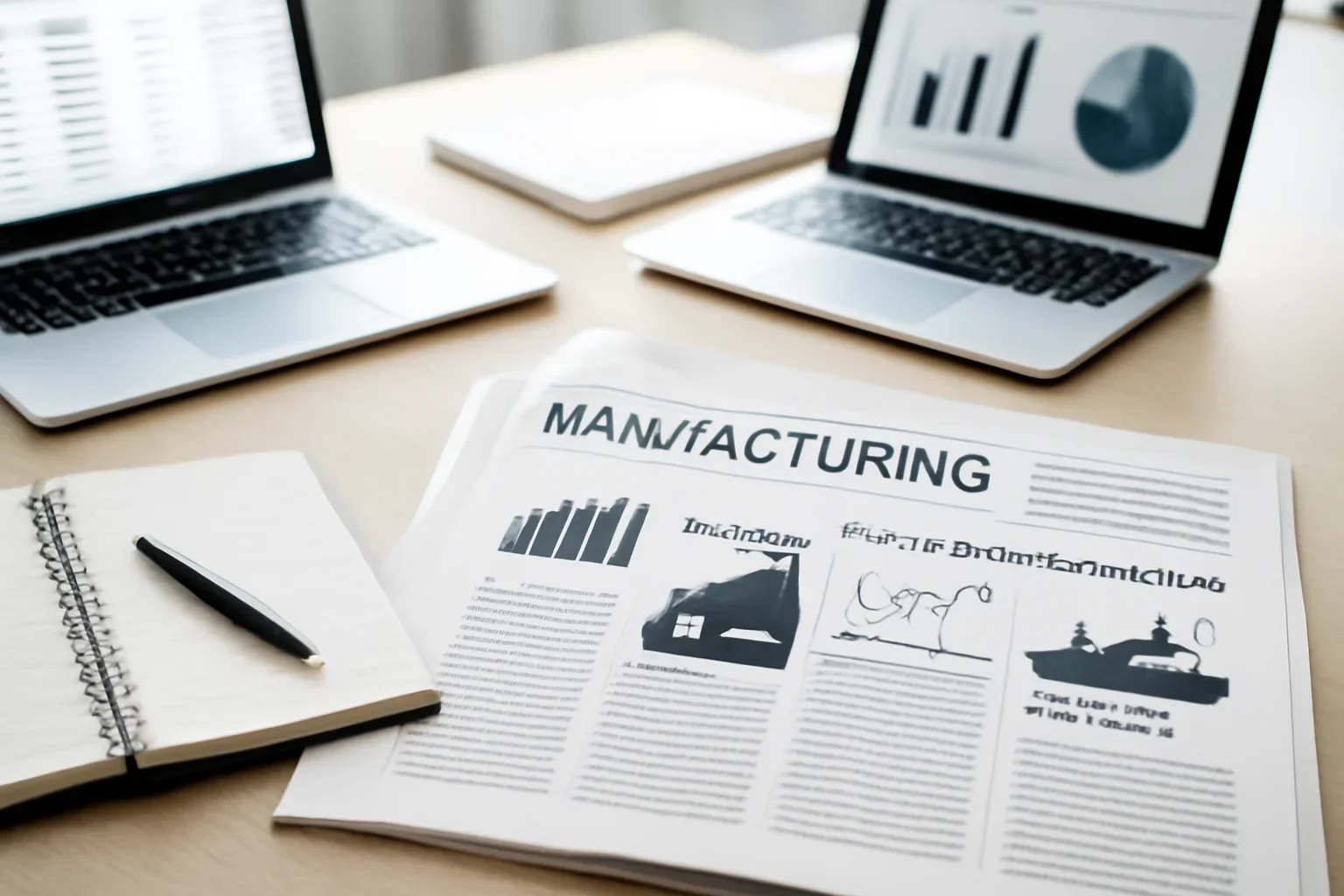 Manufacturing News hero image showing editorial workspace focused on production, capacity, industrial technology, exports, and the businesses turning plans into output, with laptops, notes, and clean magazine-style composition