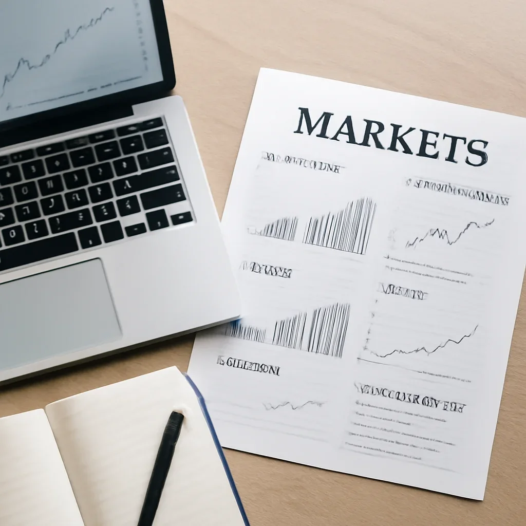 Call-to-action image for Markets News featuring editorial workspace focused on equities, commodities, rates, flows, and market-moving cues readers can use to stay oriented, with laptops, notes, and clean magazine-style composition