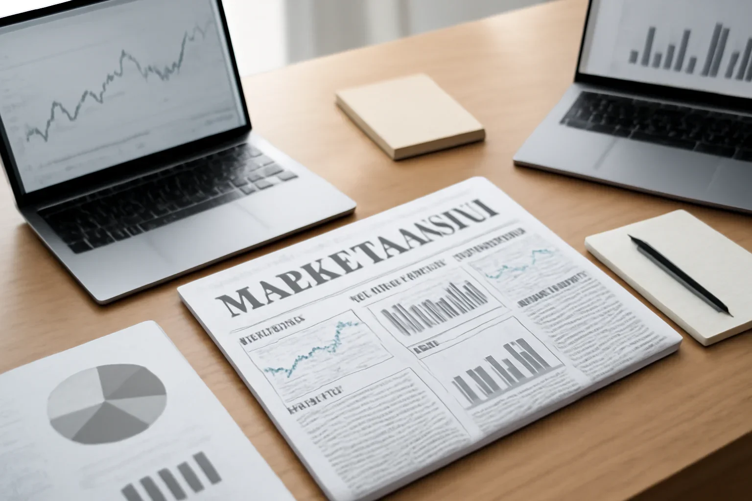Markets News hero image showing editorial workspace focused on equities, commodities, rates, flows, and market-moving cues readers can use to stay oriented, with laptops, notes, and clean magazine-style composition