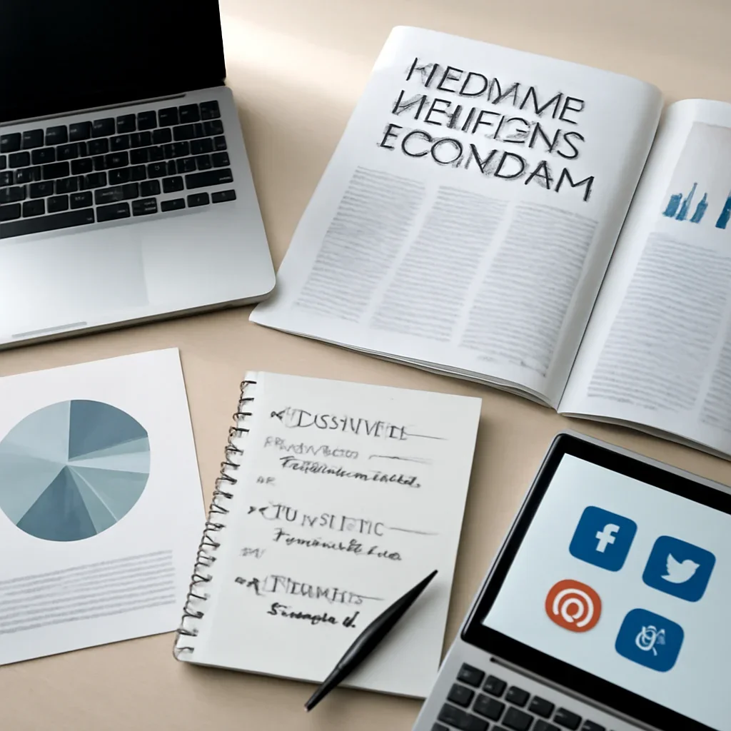 Call-to-action image for Media & Creator Economy featuring editorial workspace focused on publishing, creator businesses, audience strategy, advertising, and the platforms shaping attention, with laptops, notes, and clean magazine-style composition