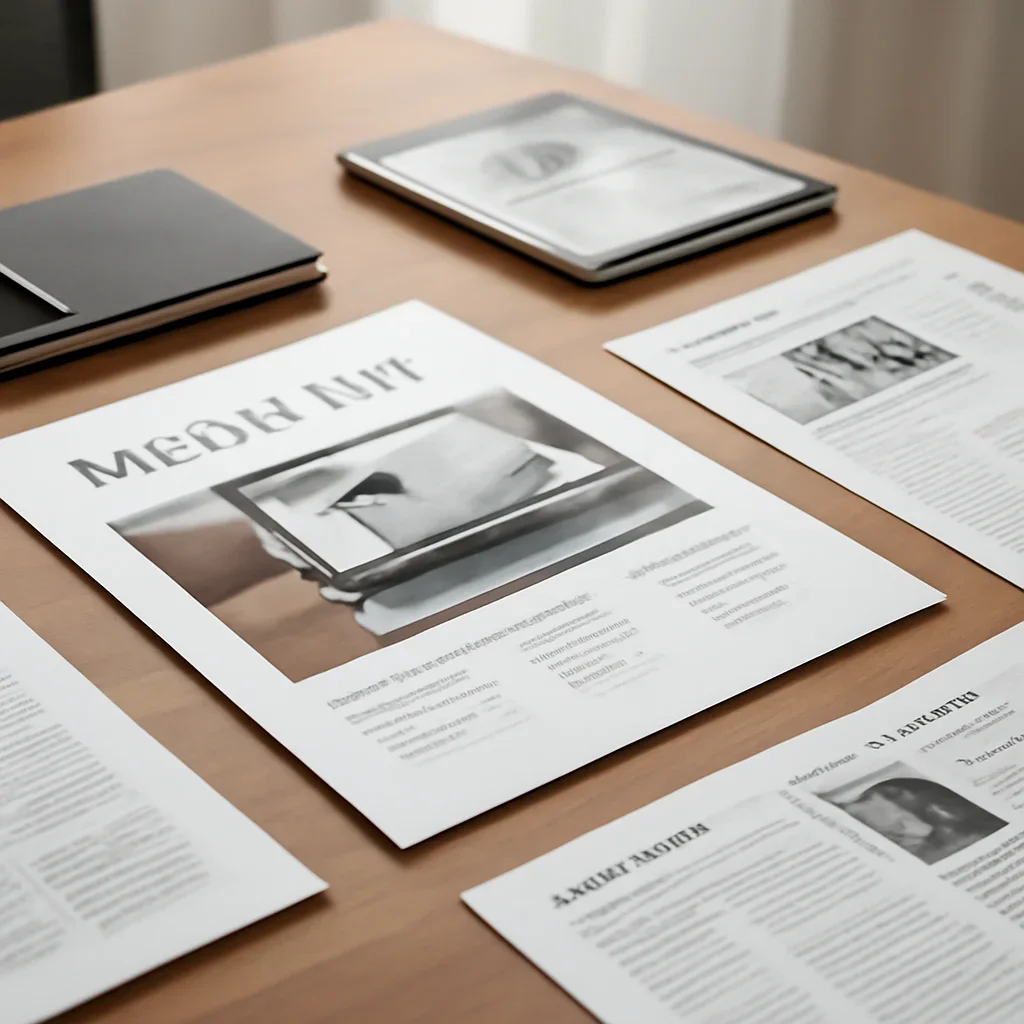 Call-to-action image for Media Kit featuring media kit presentation desk with placement mockups, sponsorship plans, and editorial layouts