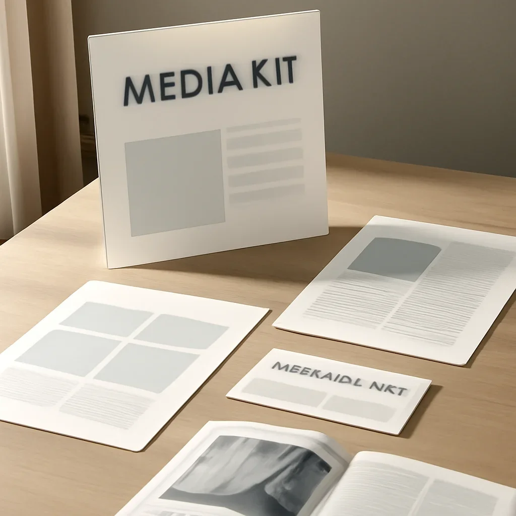 Context image for Media Kit featuring media kit presentation desk with placement mockups, sponsorship plans, and editorial layouts