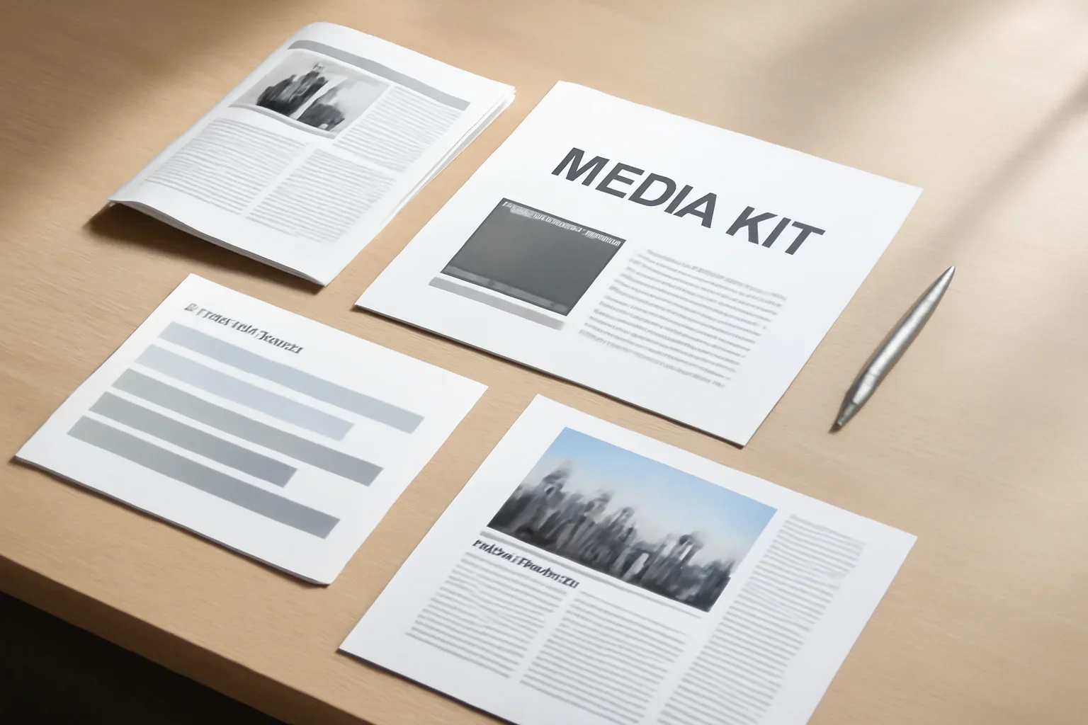 Media Kit hero image showing media kit presentation desk with placement mockups, sponsorship plans, and editorial layouts