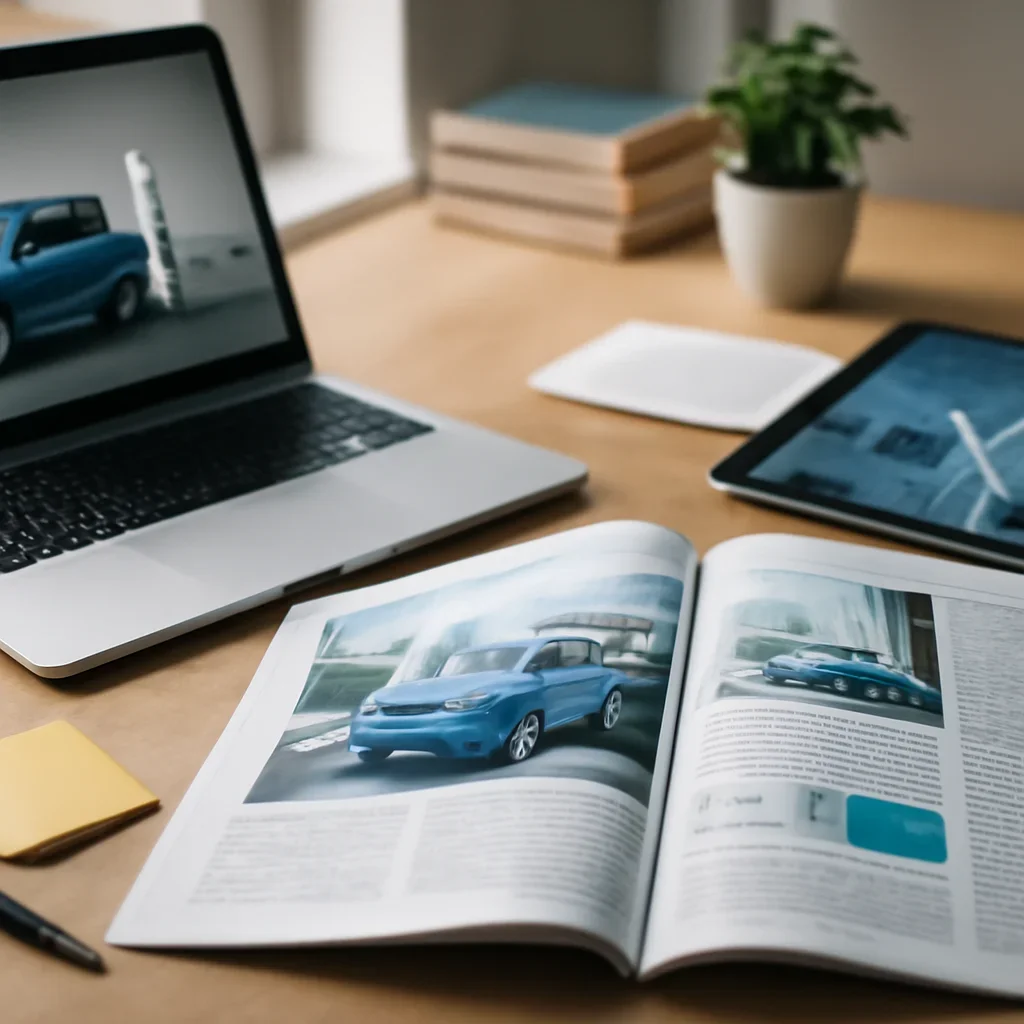 Call-to-action image for Mobility News featuring editorial workspace focused on EVs, automotive strategy, transport technology, and the startups changing how people and goods move, with laptops, notes, and clean magazine-style composition