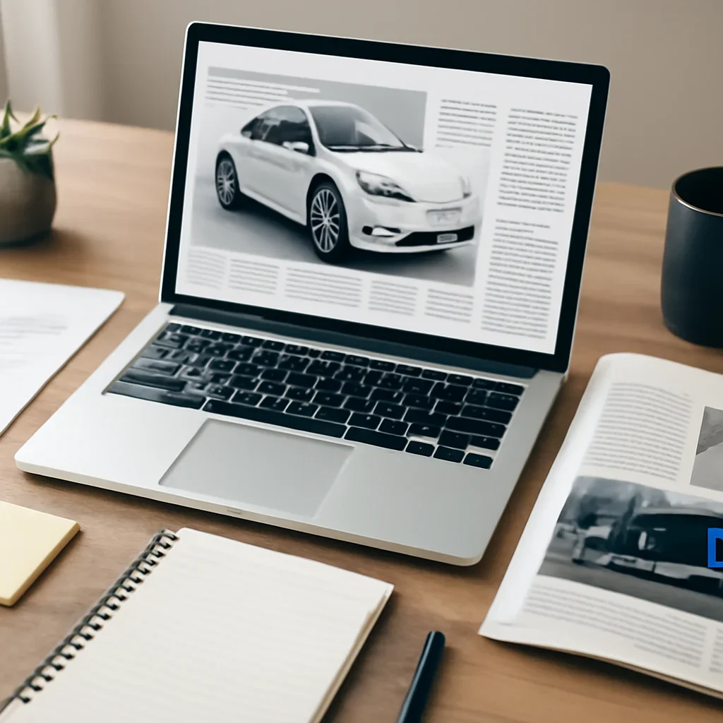 Context image for Mobility News featuring editorial workspace focused on EVs, automotive strategy, transport technology, and the startups changing how people and goods move, with laptops, notes, and clean magazine-style composition