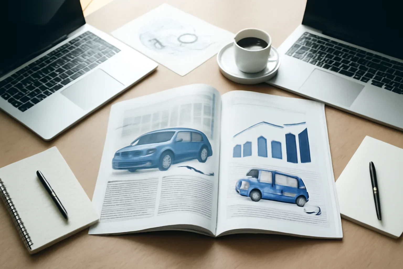 Mobility News hero image showing editorial workspace focused on EVs, automotive strategy, transport technology, and the startups changing how people and goods move, with laptops, notes, and clean magazine-style composition