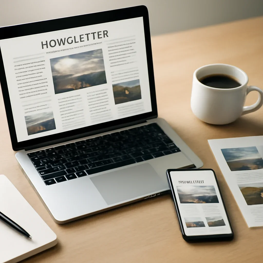 Context image for Newsletter featuring email newsletter mockup on laptop and phone beside coffee, notes, and highlighted story cards