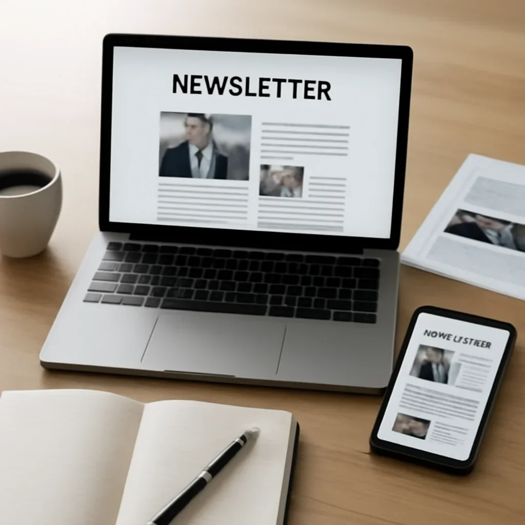 Supporting editorial image for Newsletter showing email newsletter mockup on laptop and phone beside coffee, notes, and highlighted story cards