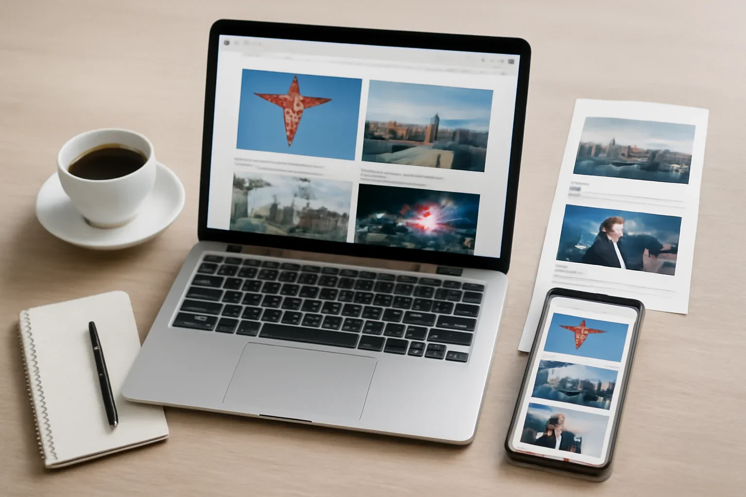 Newsletter hero image showing email newsletter mockup on laptop and phone beside coffee, notes, and highlighted story cards