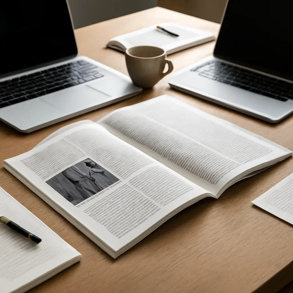 Context image for Opinion featuring editorial workspace focused on reported arguments, essays, and clear viewpoints on business, policy, technology, and culture, with laptops, notes, and clean magazine-style composition