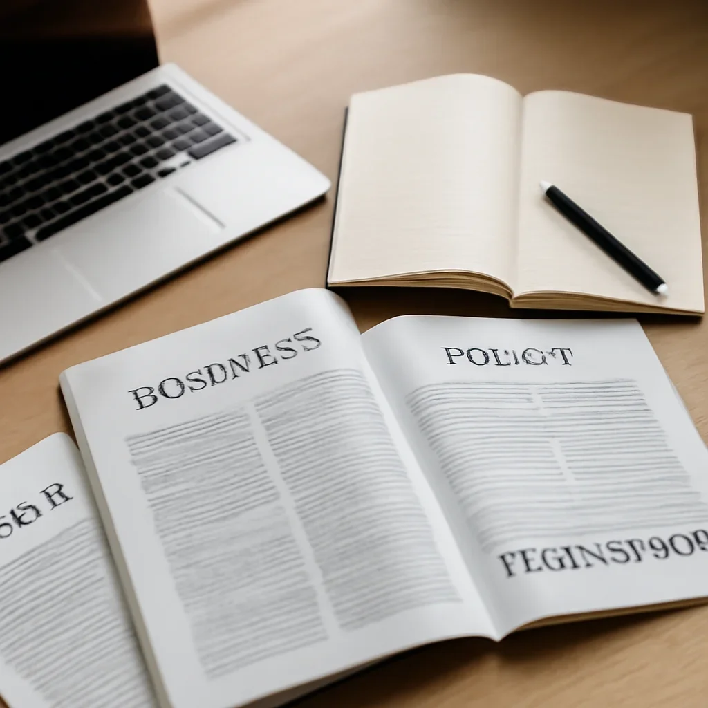 Supporting editorial image for Opinion showing editorial workspace focused on reported arguments, essays, and clear viewpoints on business, policy, technology, and culture, with laptops, notes, and clean magazine-style composition