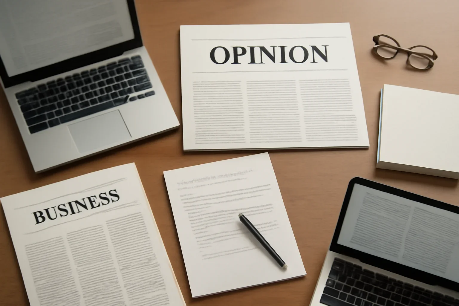 Opinion hero image showing editorial workspace focused on reported arguments, essays, and clear viewpoints on business, policy, technology, and culture, with laptops, notes, and clean magazine-style composition
