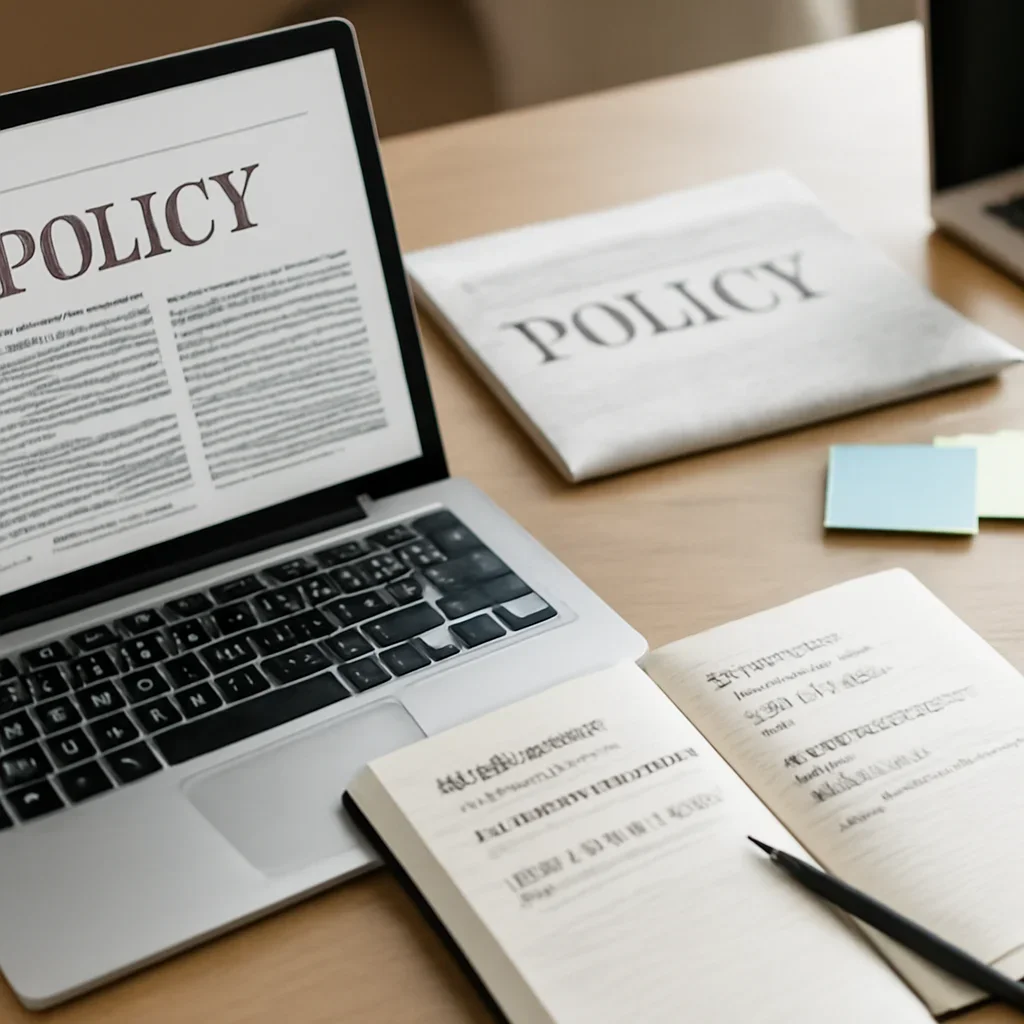 Call-to-action image for Policy featuring editorial workspace focused on government decisions, regulatory moves, institutional debates, and what they mean beyond the official statement, with laptops, notes, and clean magazine-style composition