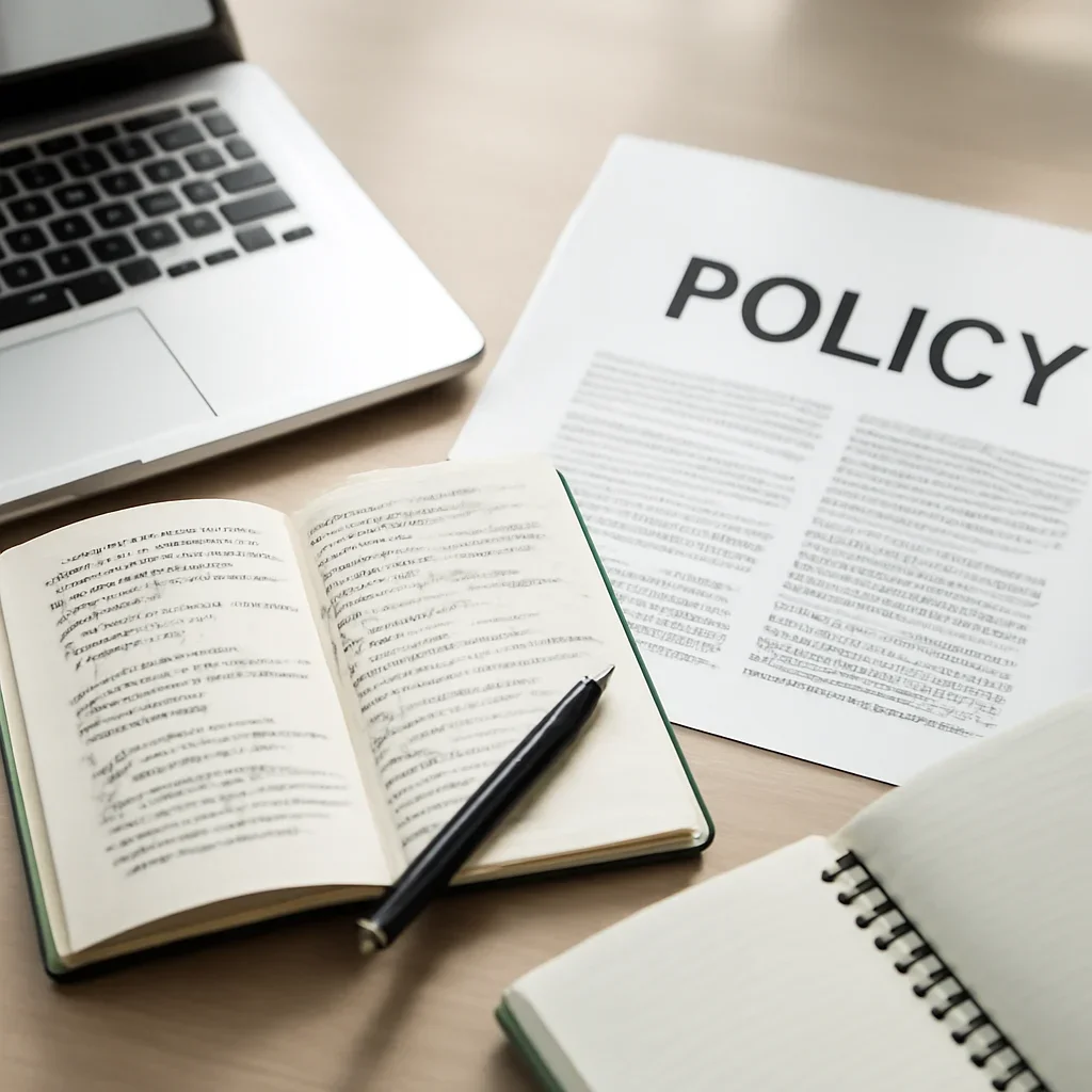 Context image for Policy featuring editorial workspace focused on government decisions, regulatory moves, institutional debates, and what they mean beyond the official statement, with laptops, notes, and clean magazine-style composition