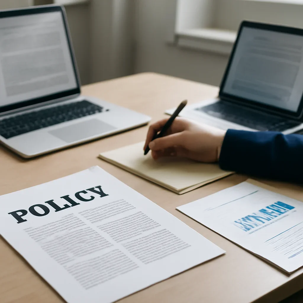 Supporting editorial image for Policy showing editorial workspace focused on government decisions, regulatory moves, institutional debates, and what they mean beyond the official statement, with laptops, notes, and clean magazine-style composition