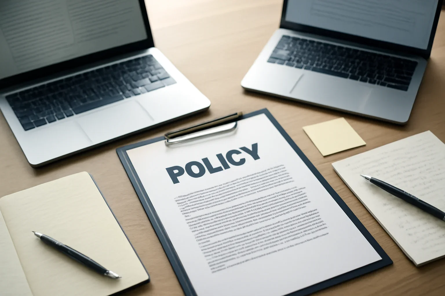 Policy hero image showing editorial workspace focused on government decisions, regulatory moves, institutional debates, and what they mean beyond the official statement, with laptops, notes, and clean magazine-style composition