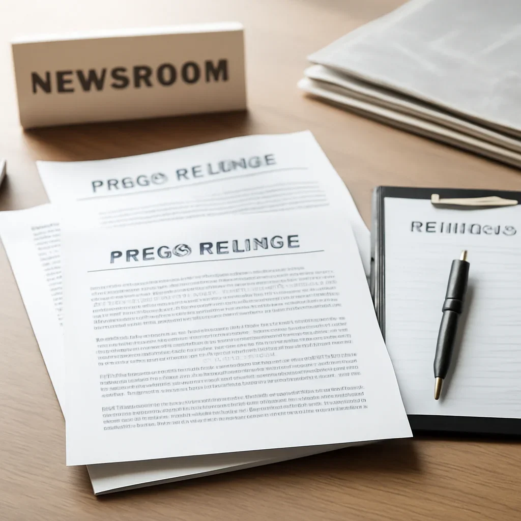 Call-to-action image for Press Releases featuring communications desk with press release documents, newsroom labels, and publishing notes