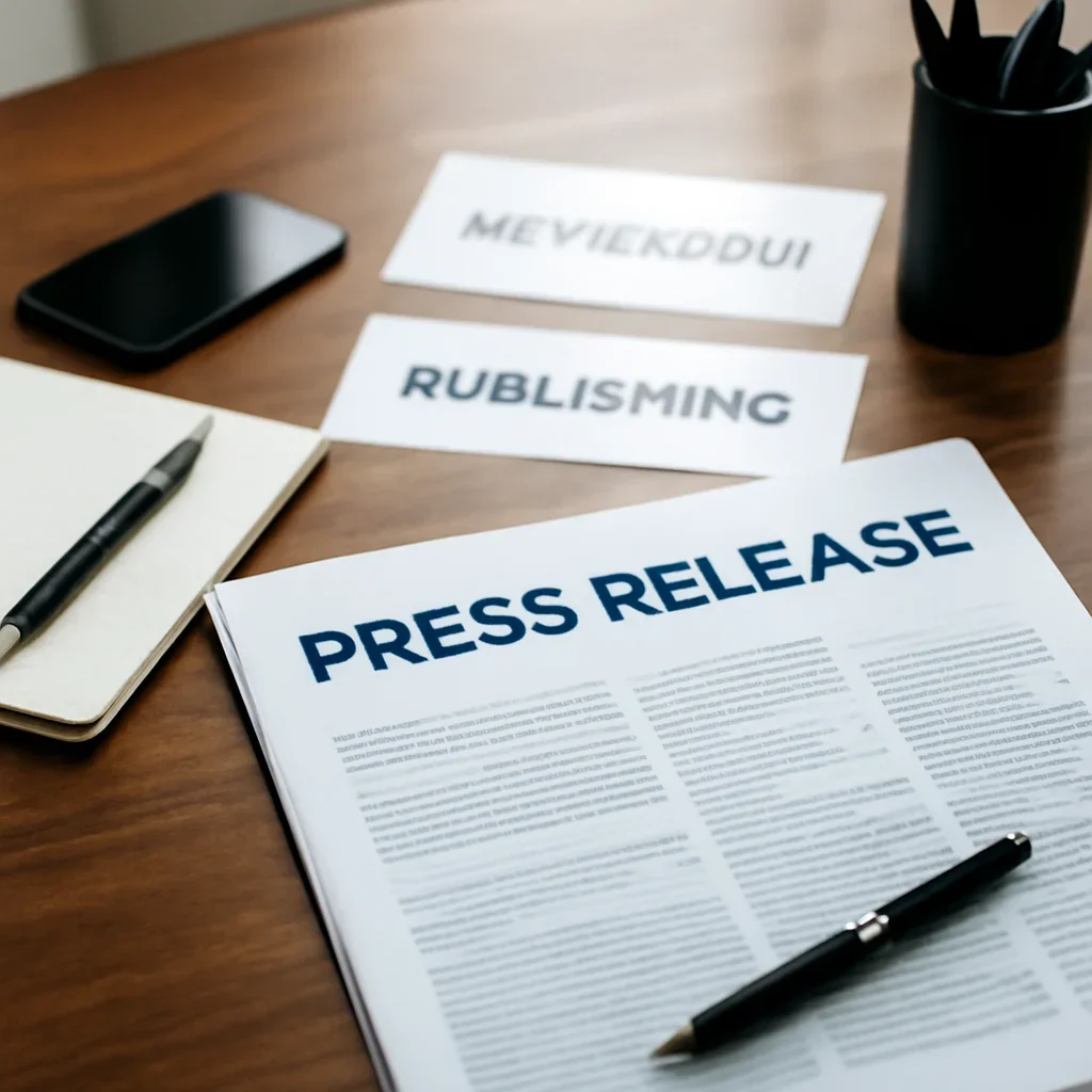 Supporting editorial image for Press Releases showing communications desk with press release documents, newsroom labels, and publishing notes