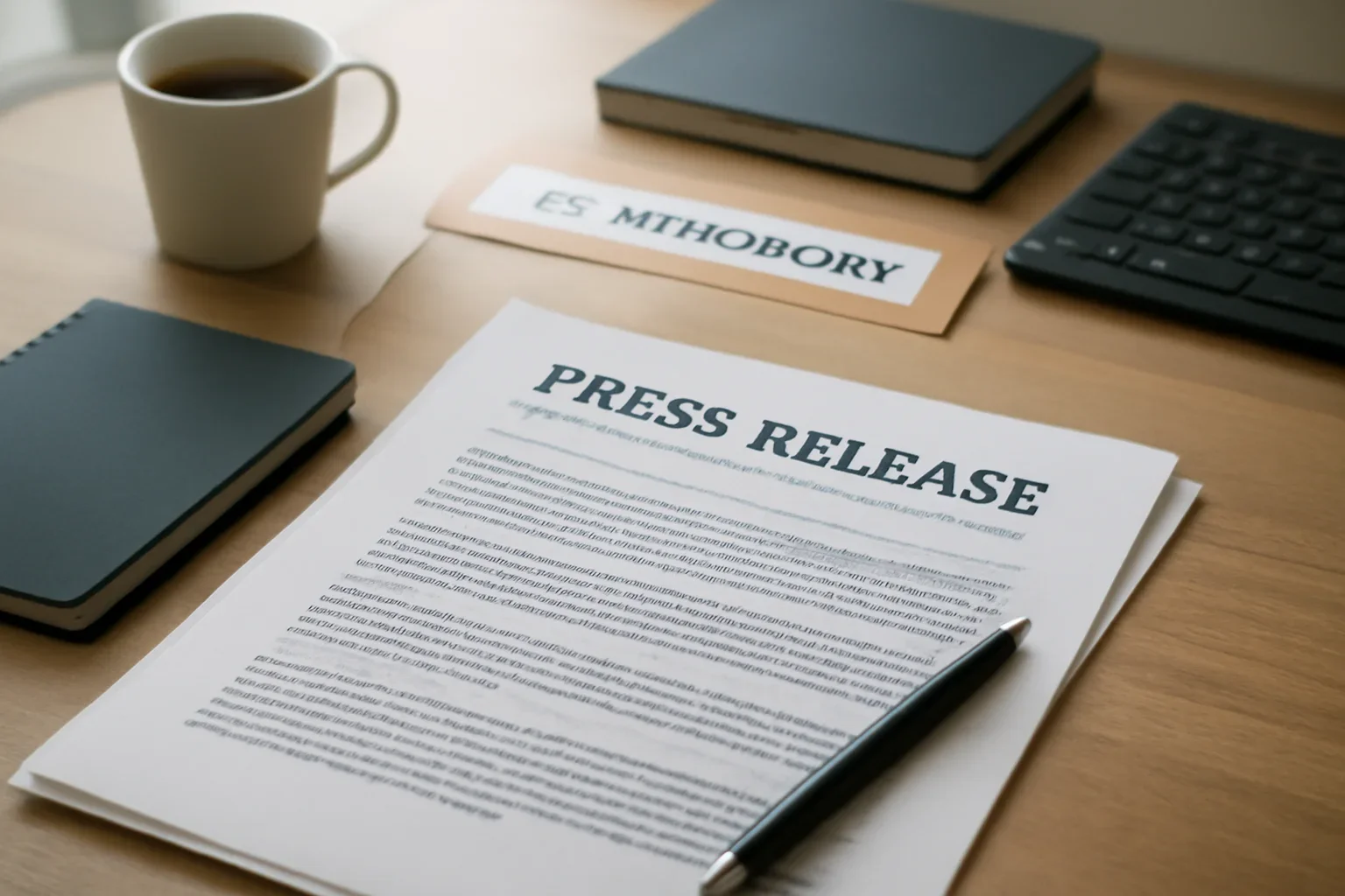 Press Releases hero image showing communications desk with press release documents, newsroom labels, and publishing notes