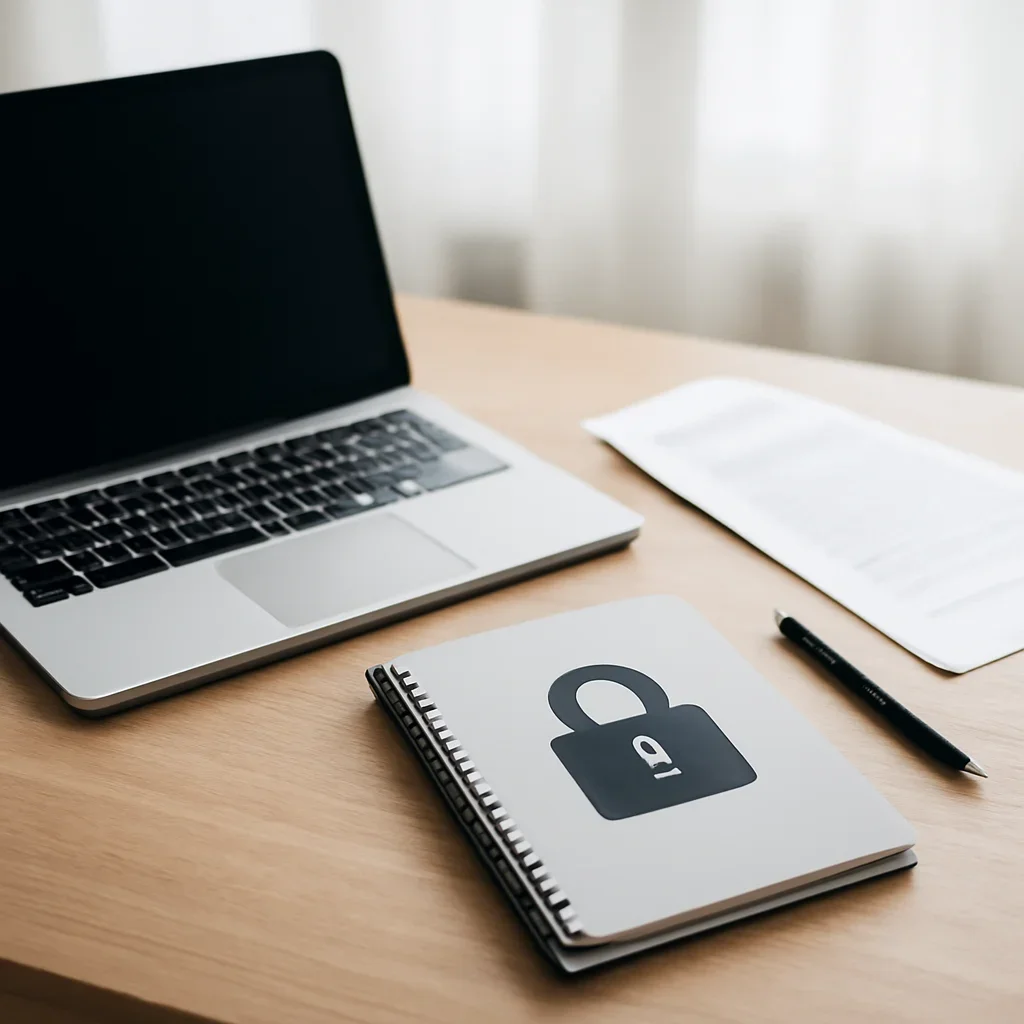 Call-to-action image for Privacy Policy featuring privacy and data desk with laptop, lock icon notebook, and clean documentation setup