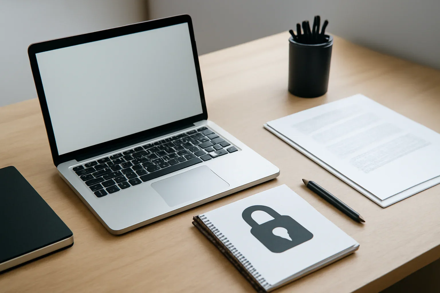 Privacy Policy hero image showing privacy and data desk with laptop, lock icon notebook, and clean documentation setup