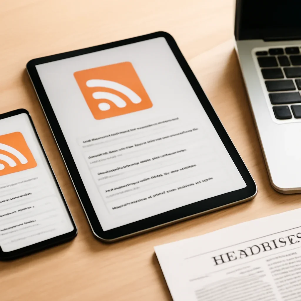 Call-to-action image for RSS Feeds featuring feed reader screens beside a laptop, coffee, and organized headline lists