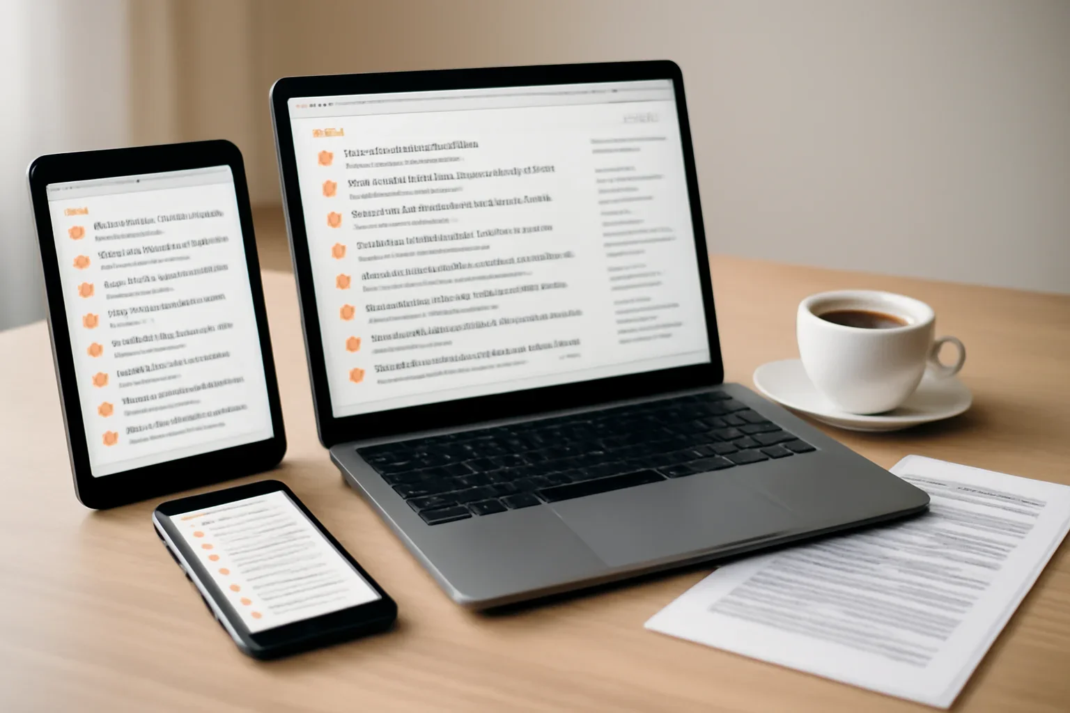 RSS Feeds hero image showing feed reader screens beside a laptop, coffee, and organized headline lists