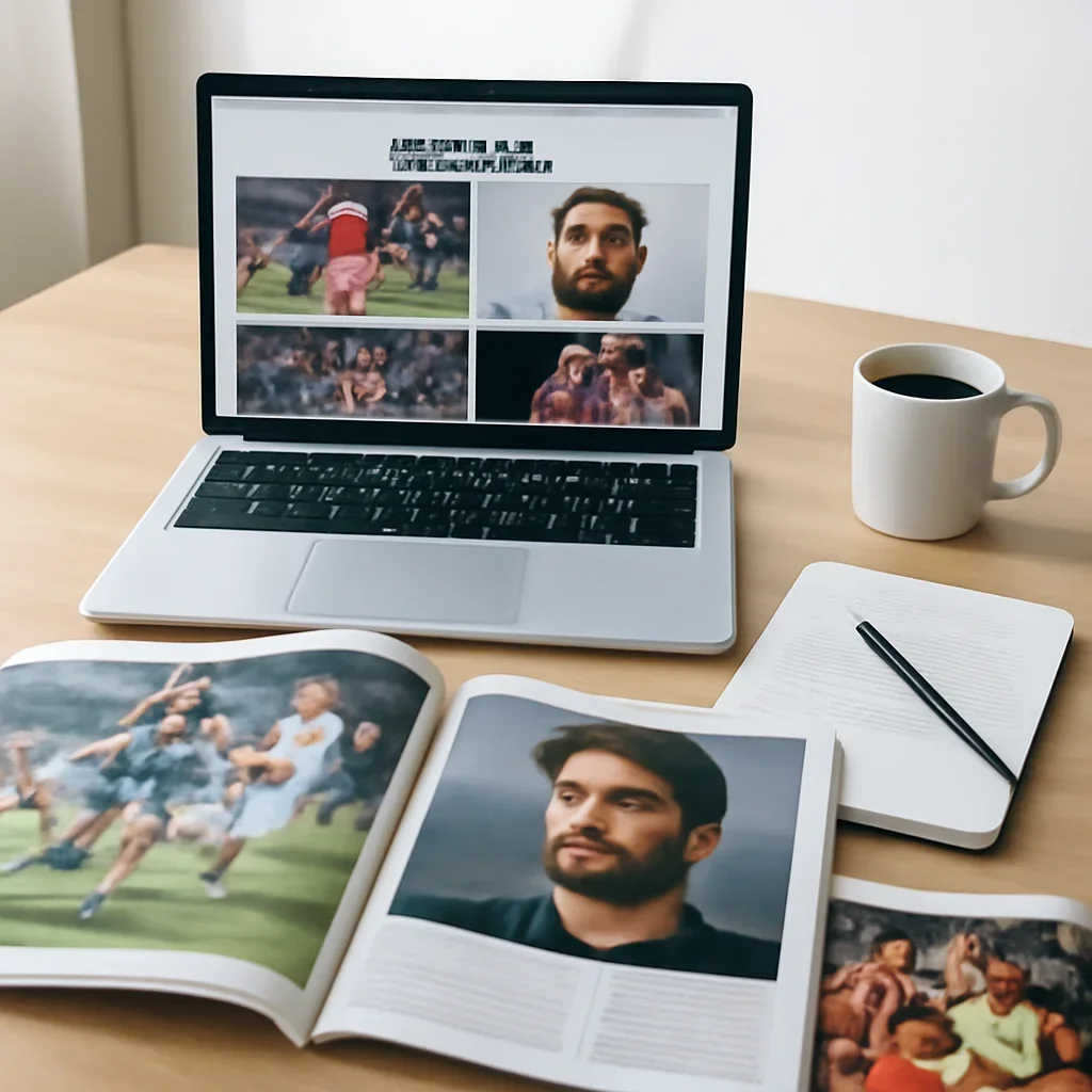 Context image for Sports featuring editorial workspace focused on major fixtures, athlete stories, sporting culture, and the conversations that keep sports coverage alive beyond scores, with laptops, notes, and clean magazine-style composition