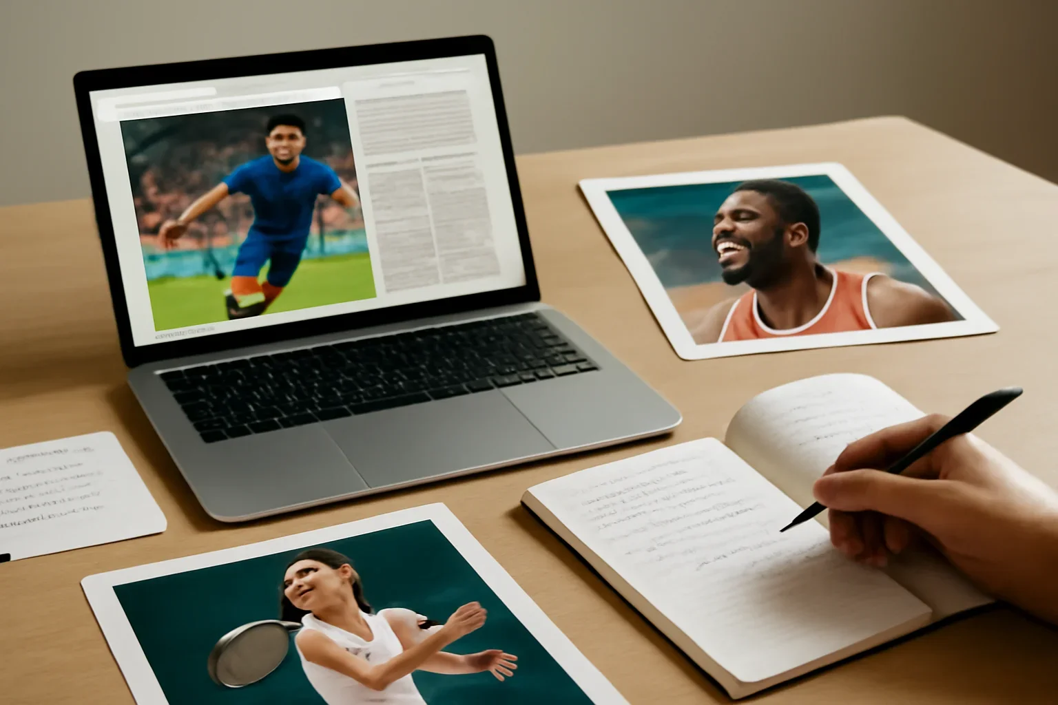 Sports hero image showing editorial workspace focused on major fixtures, athlete stories, sporting culture, and the conversations that keep sports coverage alive beyond scores, with laptops, notes, and clean magazine-style composition