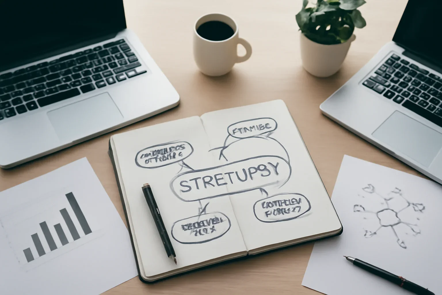 Startups hero image showing editorial workspace focused on funding rounds, founders, product bets, hiring signals, and the ecosystems shaping startup growth in India, with laptops, notes, and clean magazine-style composition