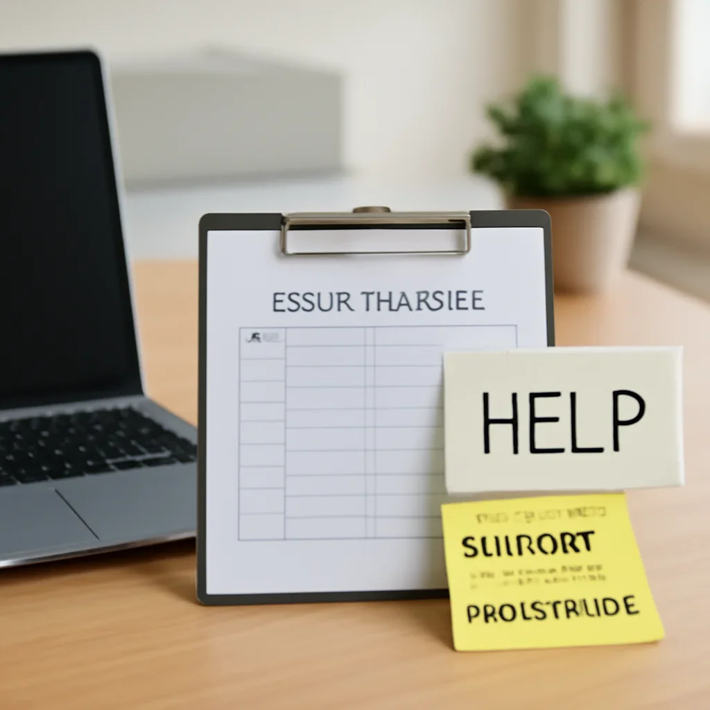 Call-to-action image for Support featuring customer support desk with laptop, issue tracker, and help notes
